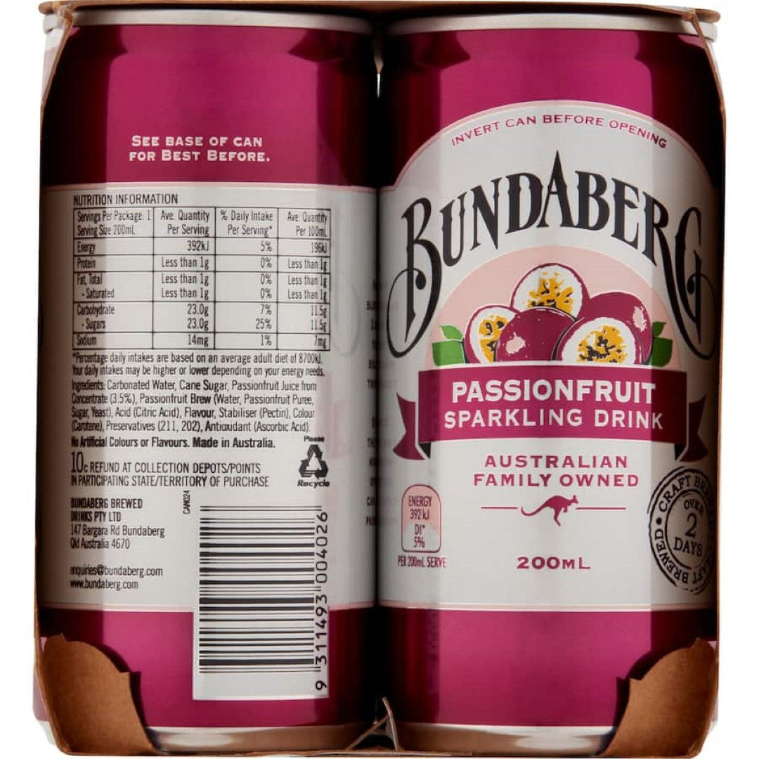 Bundaberg Passionfruit Soft Drink  200ml cans 6pack
