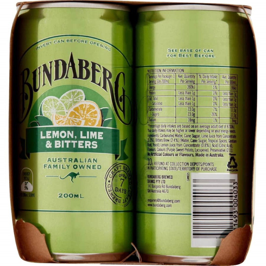Bundaberg Lemon, Lime & Bitters 200ml mini cans 6pack
