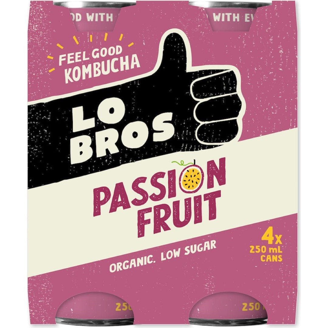 Lo Bros Kombucha Passionfruit 250ml cans 4pack