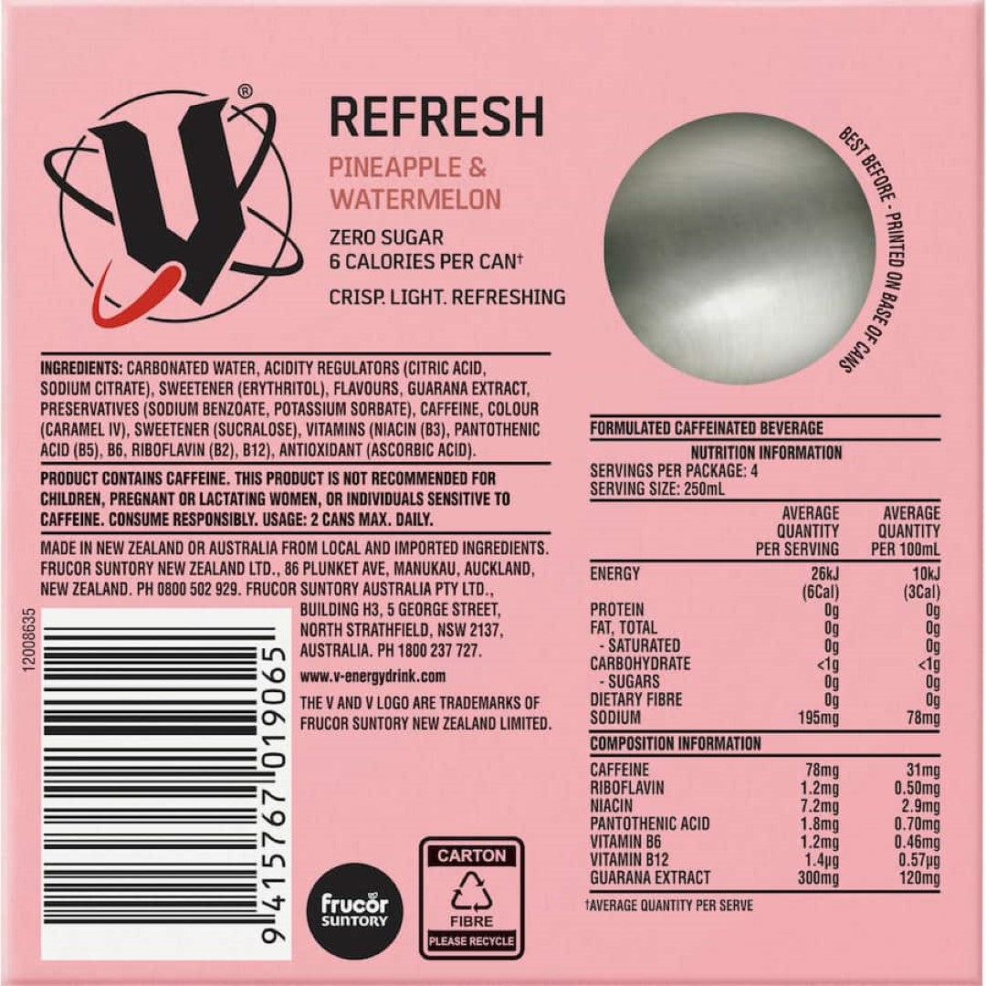 V Sugar Free Energy Drink Refresh Pineapple Watermelon 4x250mL