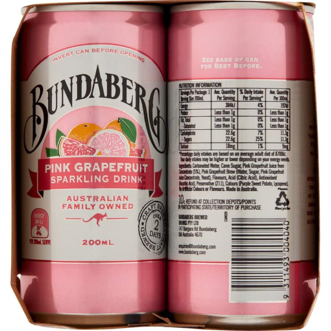 Bundaberg Soft Drink Sparkling Pink Grapefruit 200ml cans 6pack