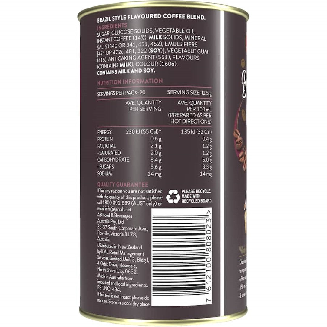 Jarrah Coffee Mix Brazil Cafe Latte Pottle 250g