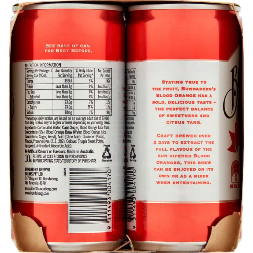 Bundaberg Soft Drink Sparkling Blood Orange 200ml cans 6pack