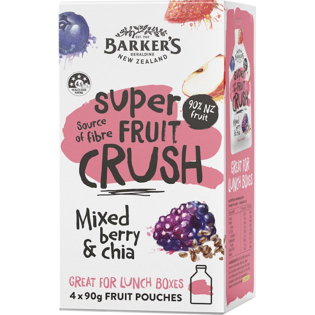 Barkers Super Fruit Crush Fruit Drink Mixed Berry & Chia 90g pouches 4pack
