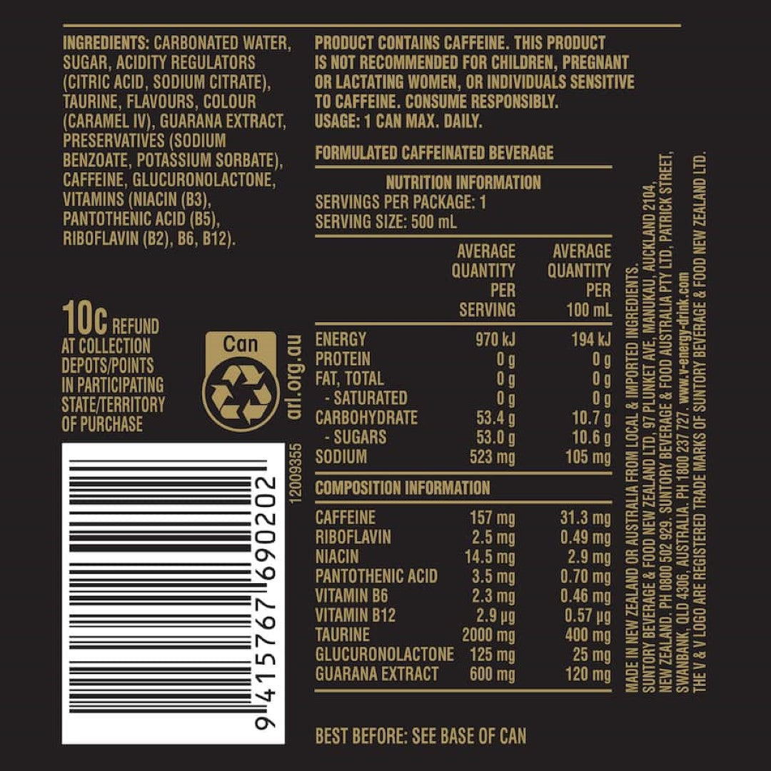 V Energy Drink Black Can 500mL