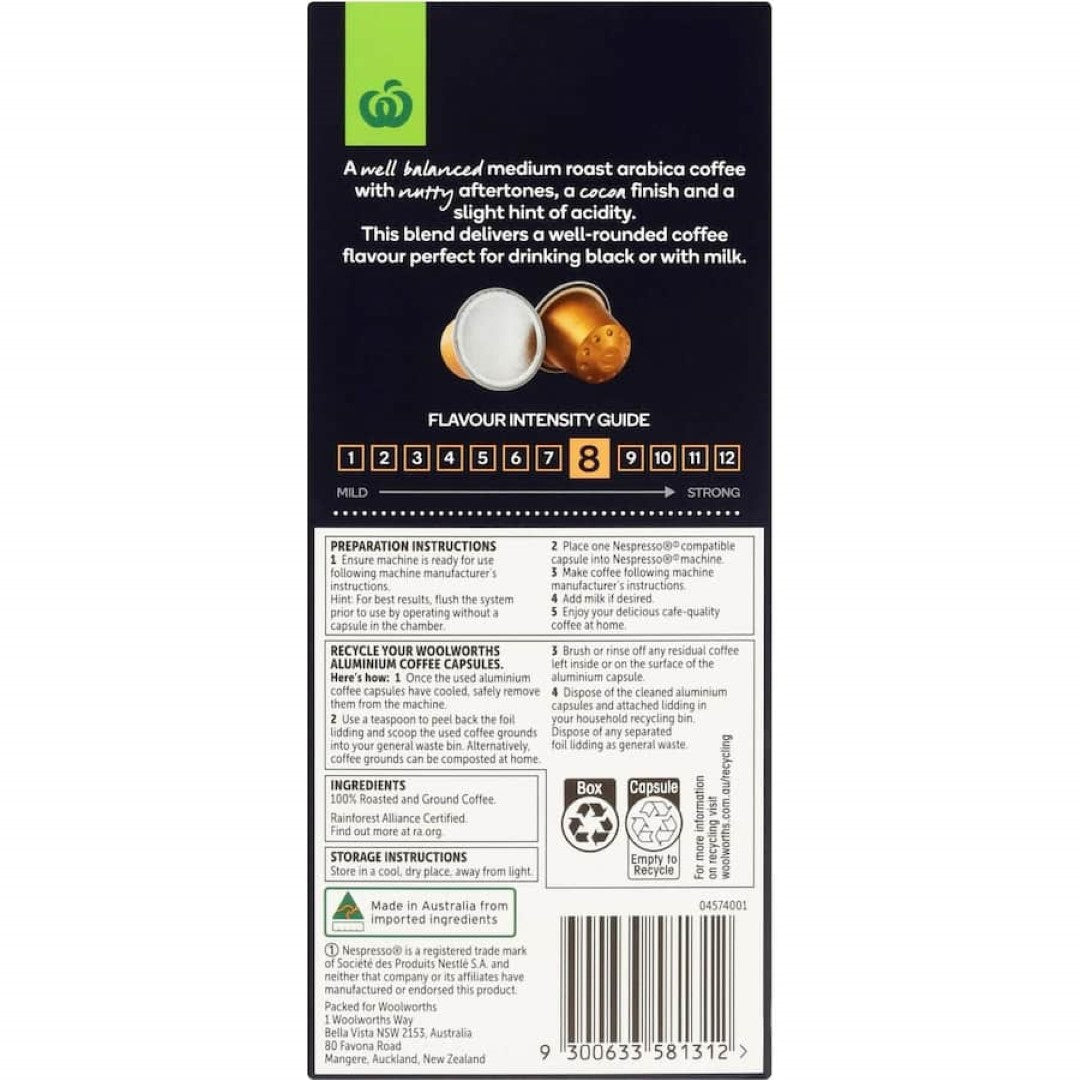 Woolworths Coffee Capsules Nespresso Compat Medium Roast 10pack