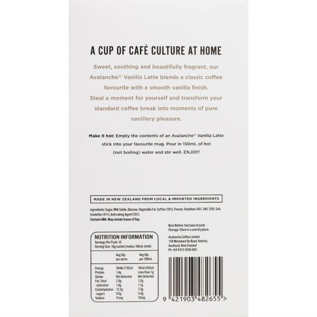 Avalanche Coffee Sachets Vanilla Latte 10 pack 160g