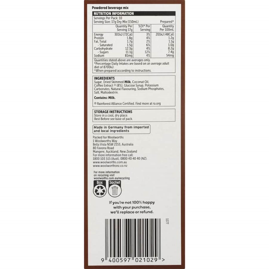 Woolworths Coffee Sachets Caramel Latte 10 pack 170g