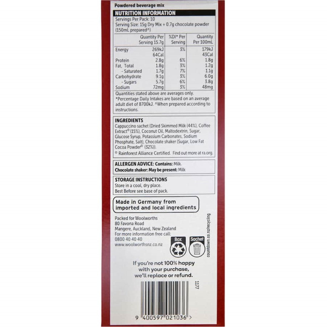 Woolworths Coffee Sachets Cappuccino 10 pack 150g