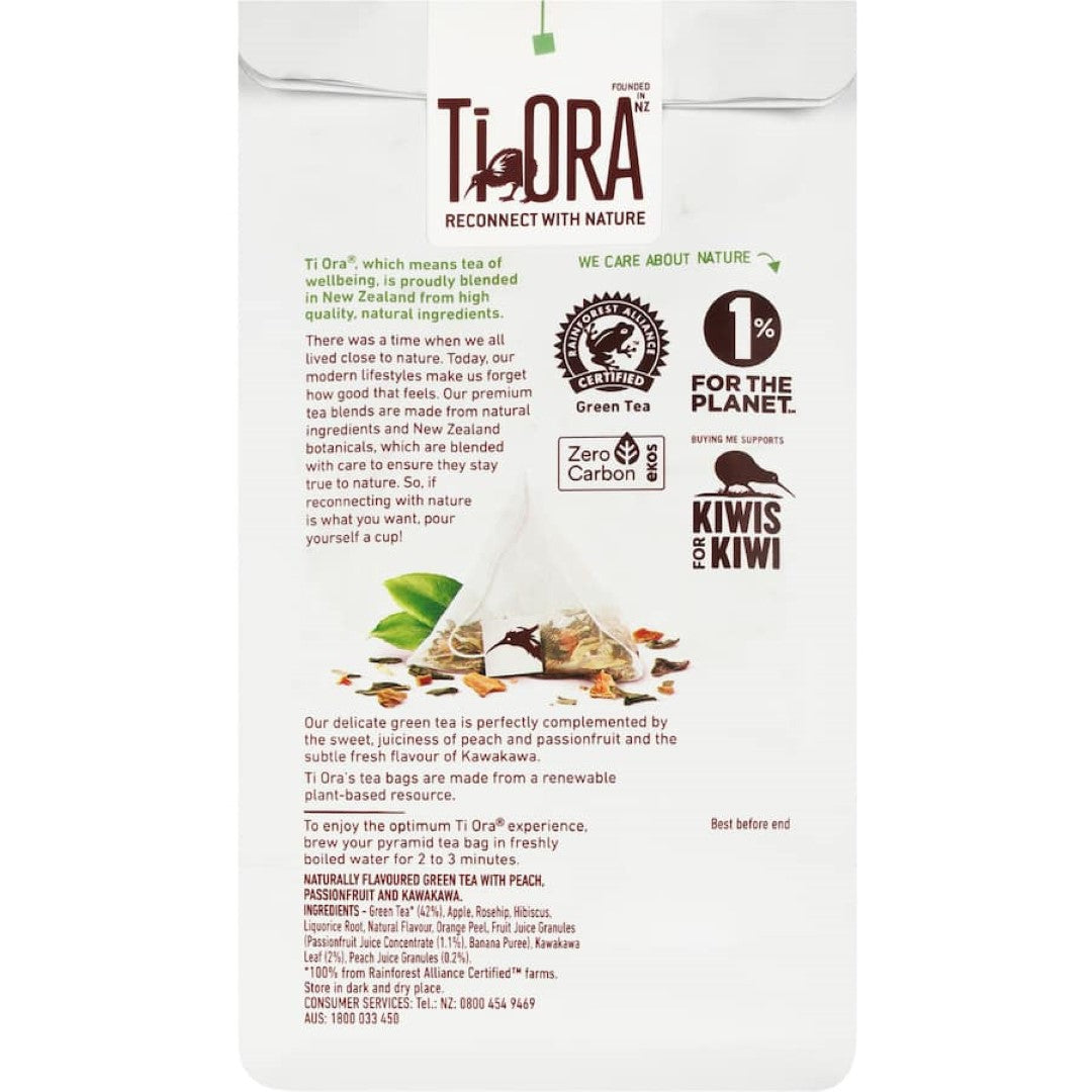 Ti Ora Green Tea Bags With Peach Passionfruit 15pack