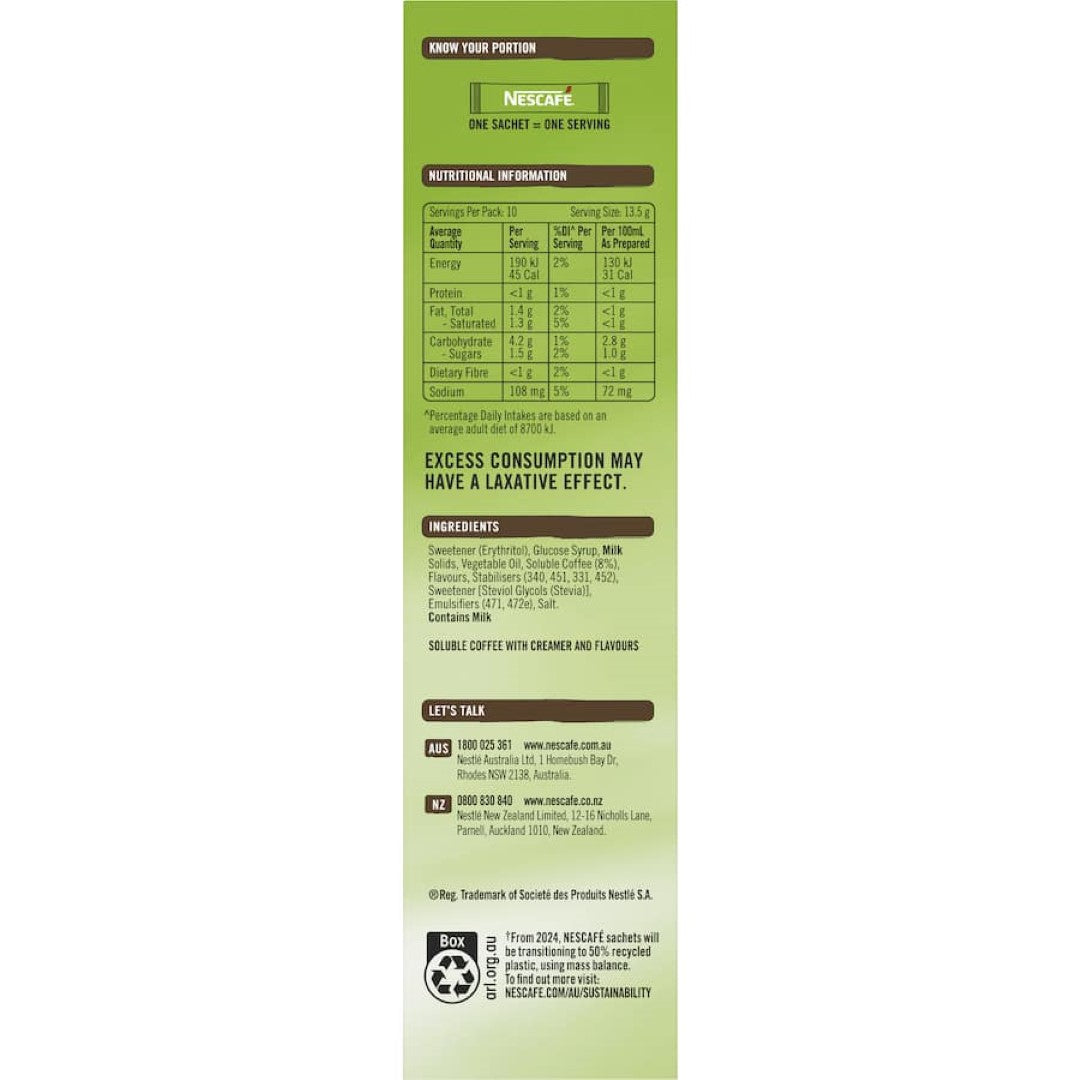 Nescafé Coffee Sachets 98% Sugar Free Hazelnut Latte 10pack 135g