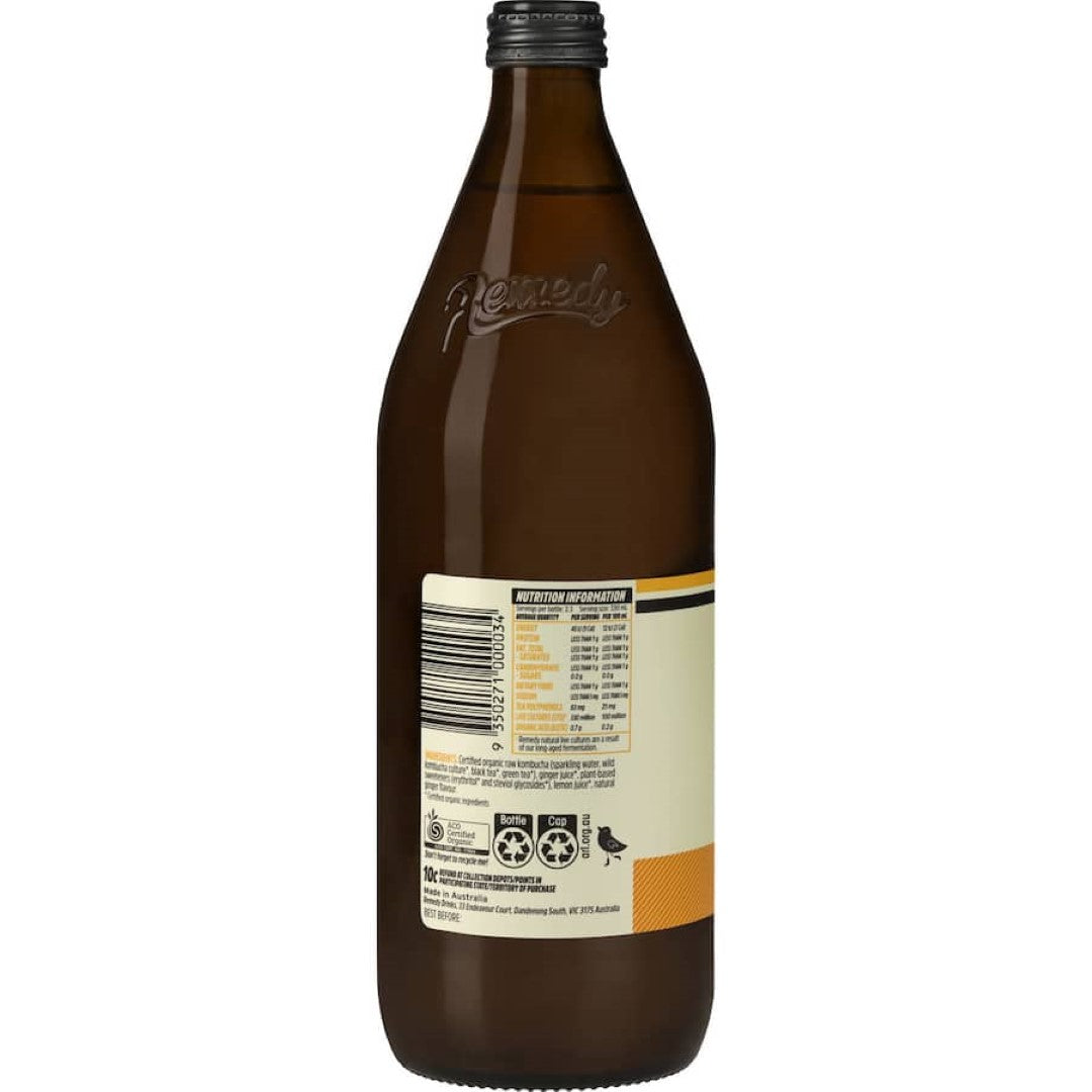 Remedy Kombucha Ginger & Lemon No Sugar Bottle 750mL