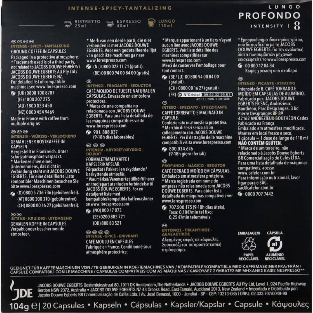 L'or Coffee Capsules Lungo Profondo Intensity 8 20pack