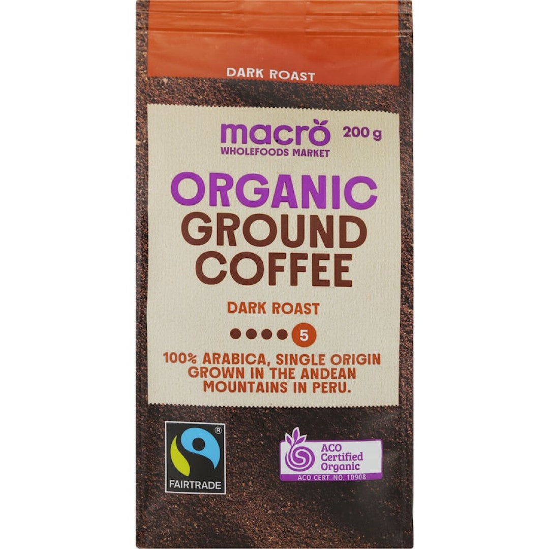 Macro Organic Fair Trade Ground Coffee Dark Roast 200g