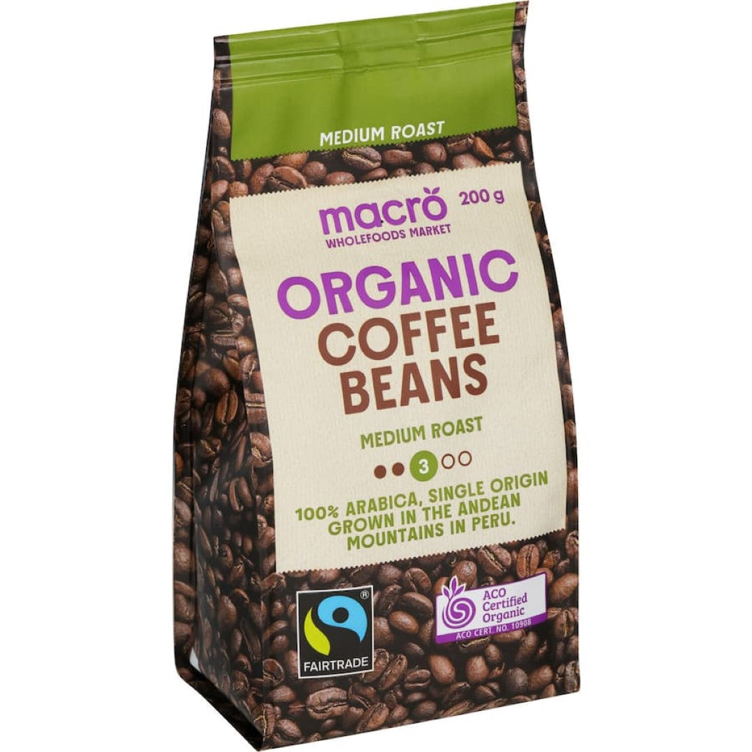 Macro Organic Fair Trade Coffee Beans Medium Roast 200g