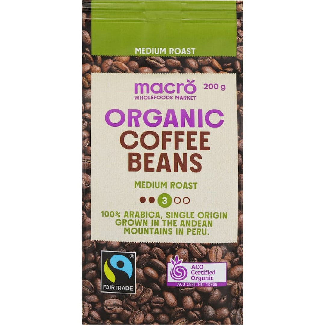 Macro Organic Fair Trade Coffee Beans Medium Roast 200g