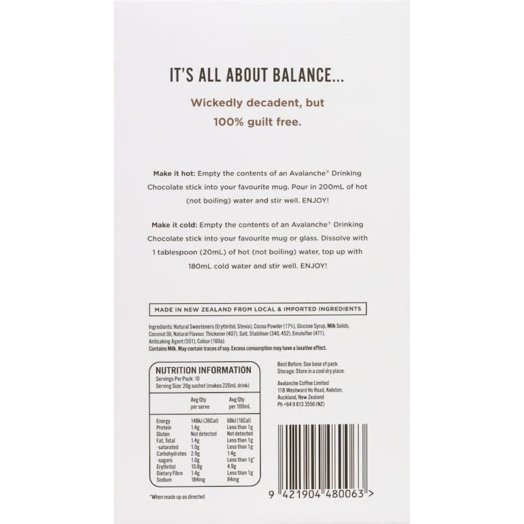 Avalanche Drinking Chocolate 99% Sugar Free 10 pack 200g
