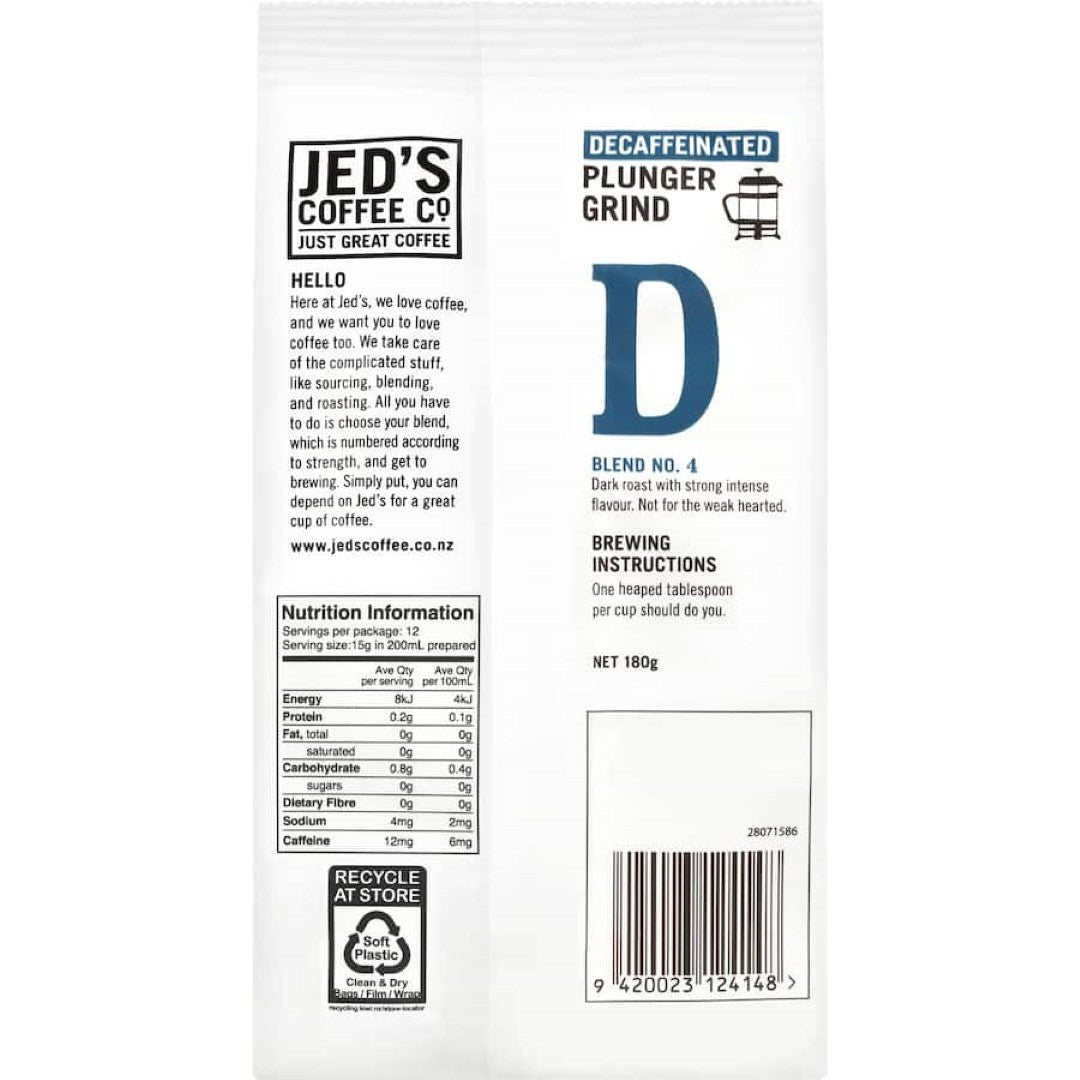 Jed's Plunger Grind Coffee 4 Very Strong Decaf 180g