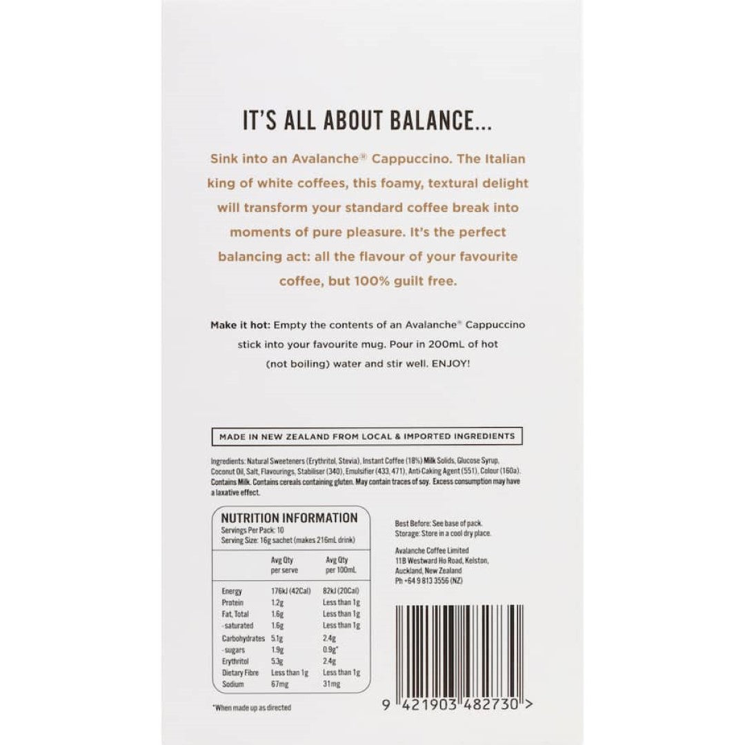 Avalanche Coffee Sachets 99% Sugar Free Cappuccino 10 pack 160g