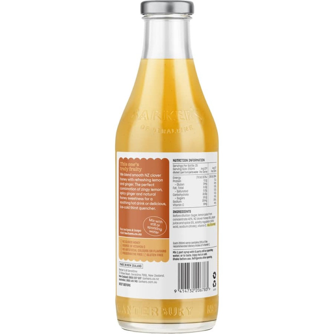 Barkers Fruit Syrup Lemon, Honey & Ginger 710mL