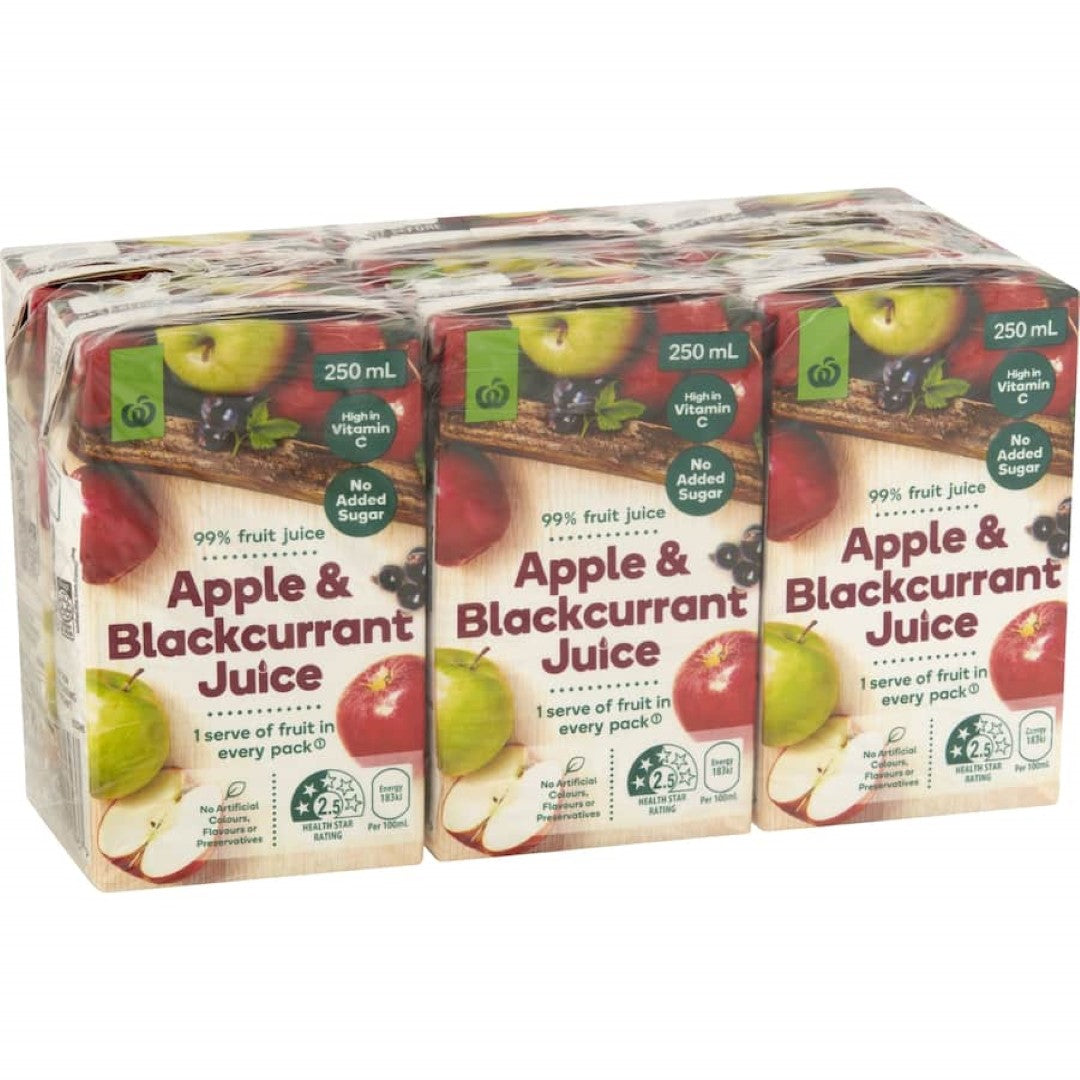 Woolworths Fruit Juice Apple & Blackcurrant 250ml tetra pks 6pack