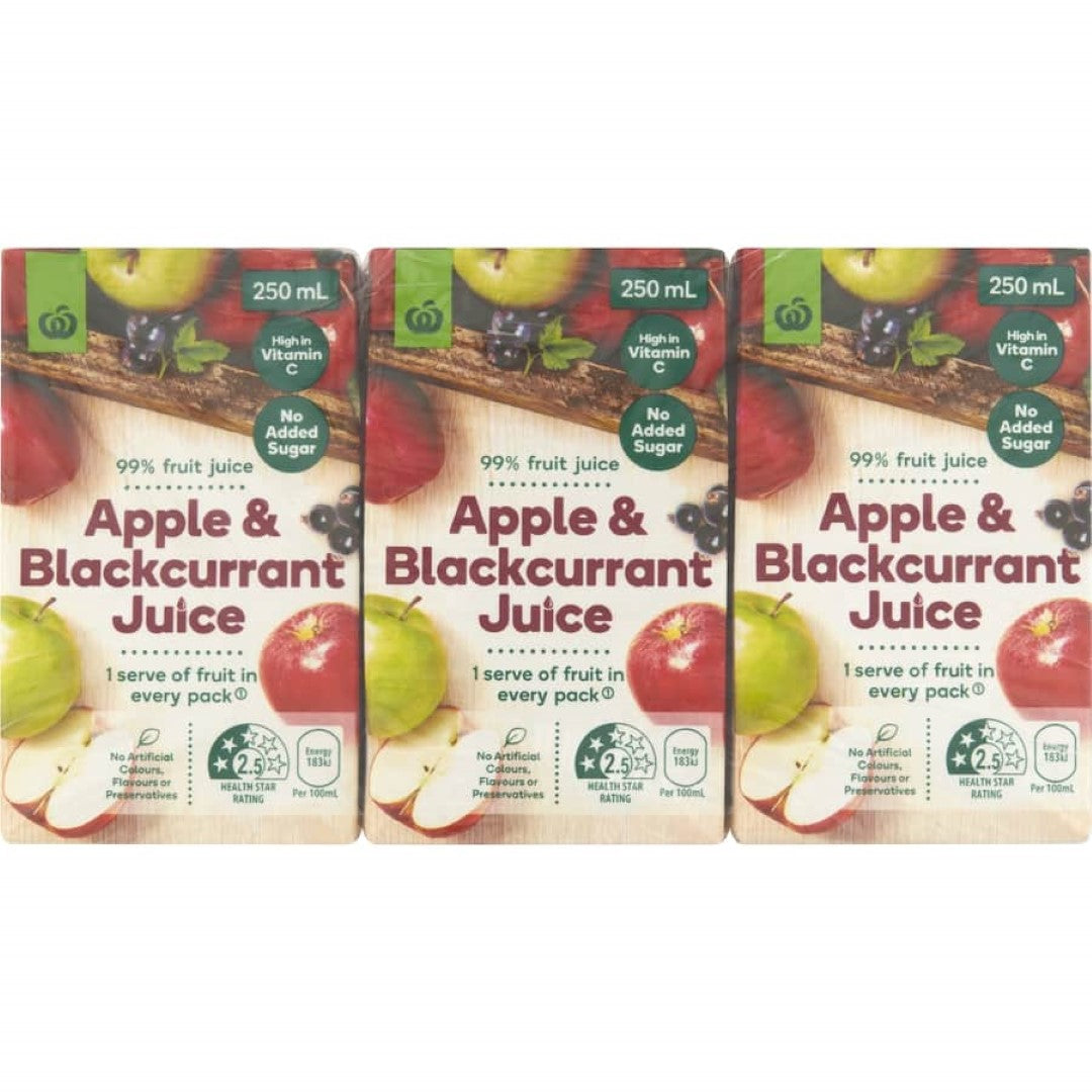 Woolworths Fruit Juice Apple & Blackcurrant 250ml tetra pks 6pack