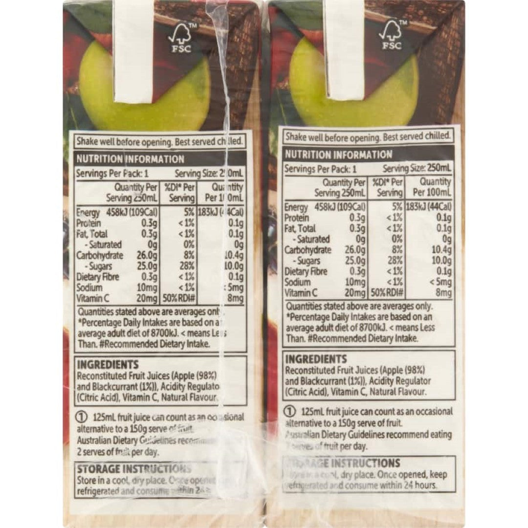 Woolworths Fruit Juice Apple & Blackcurrant 250ml tetra pks 6pack