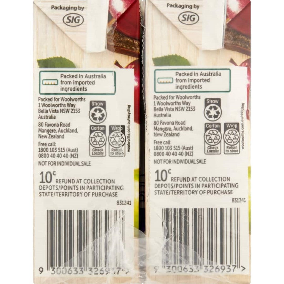 Woolworths Fruit Juice Apple & Blackcurrant 250ml tetra pks 6pack