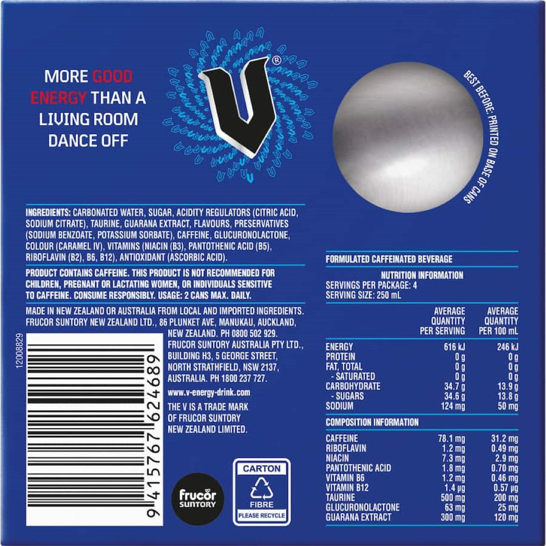 V Blue Energy Drink  250ml cans 4pack