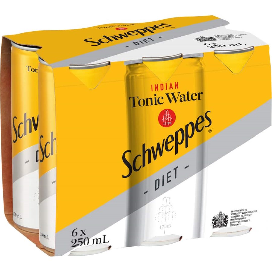 Schweppes Drink Mixers Diet Indian Tonic Water 250ml cans 6pack