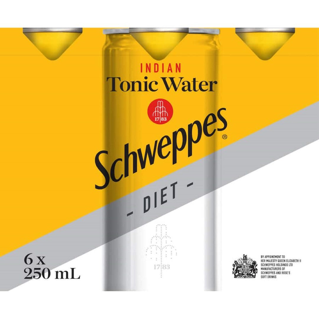 Schweppes Drink Mixers Diet Indian Tonic Water 250ml cans 6pack