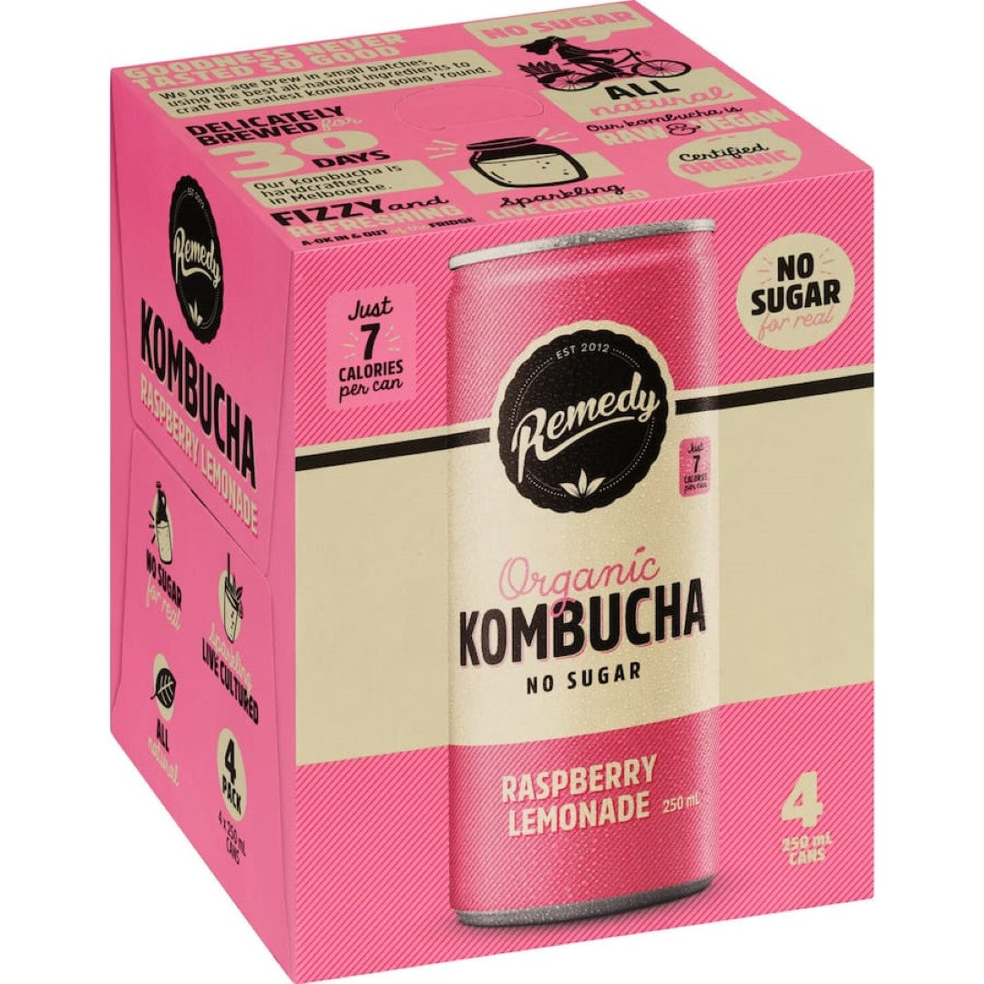Remedy Organic Kombucha Raspberry Lemonade 250ml cans 4pack