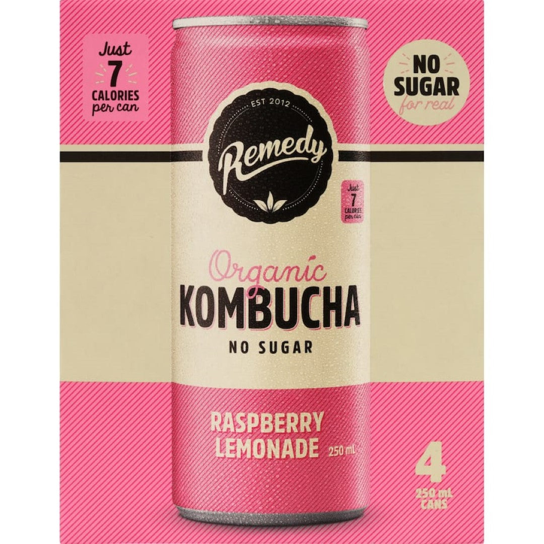 Remedy Organic Kombucha Raspberry Lemonade 250ml cans 4pack