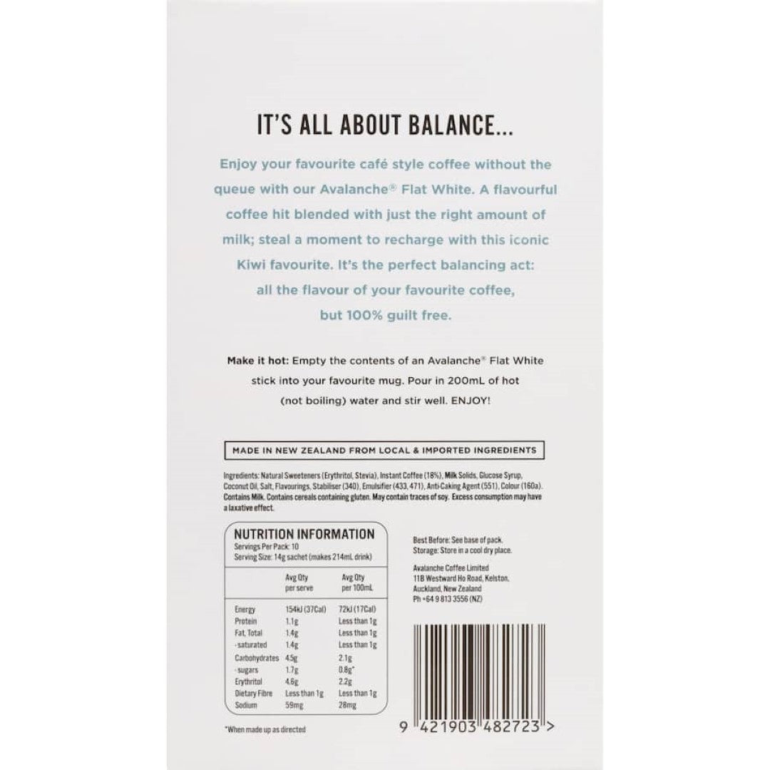 Avalanche Coffee Sachets 99% Sugar Free Flat White 10 pack 140g