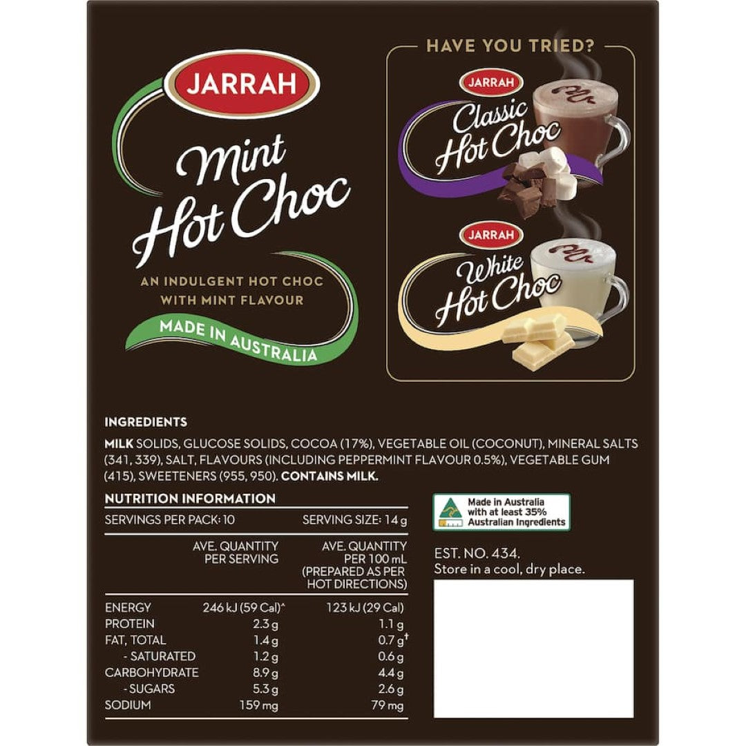 Jarrah Hot Chocolate Choc Mint Sachets 10pack