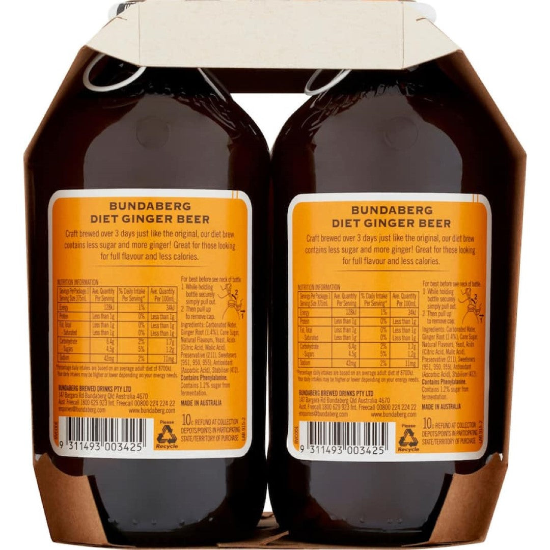 Bundaberg Ginger Beer Diet Bottle 4x375mL