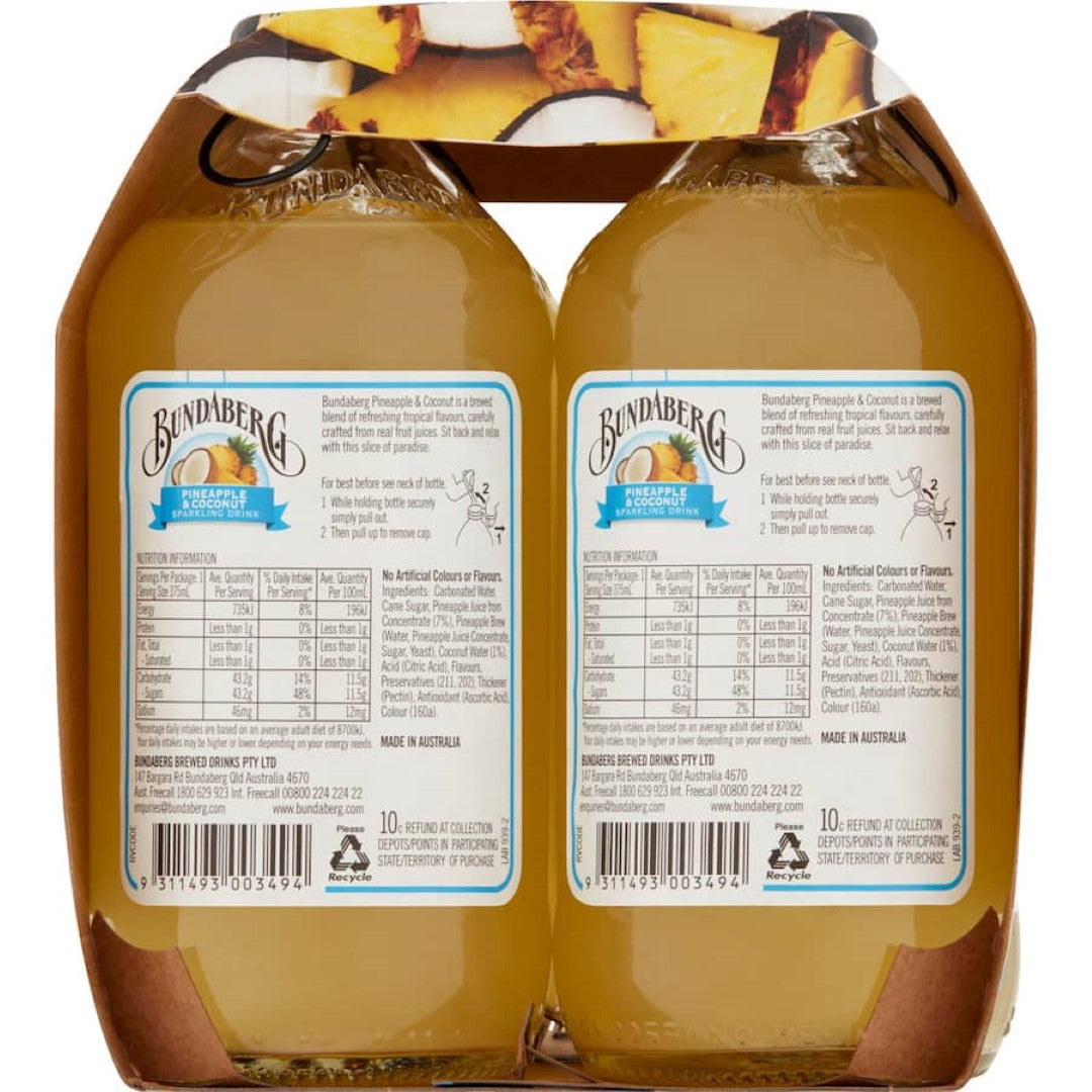 Bundaberg Soft Drink Sparkling Pineapple & Coconut 375ml bottles 4pack
