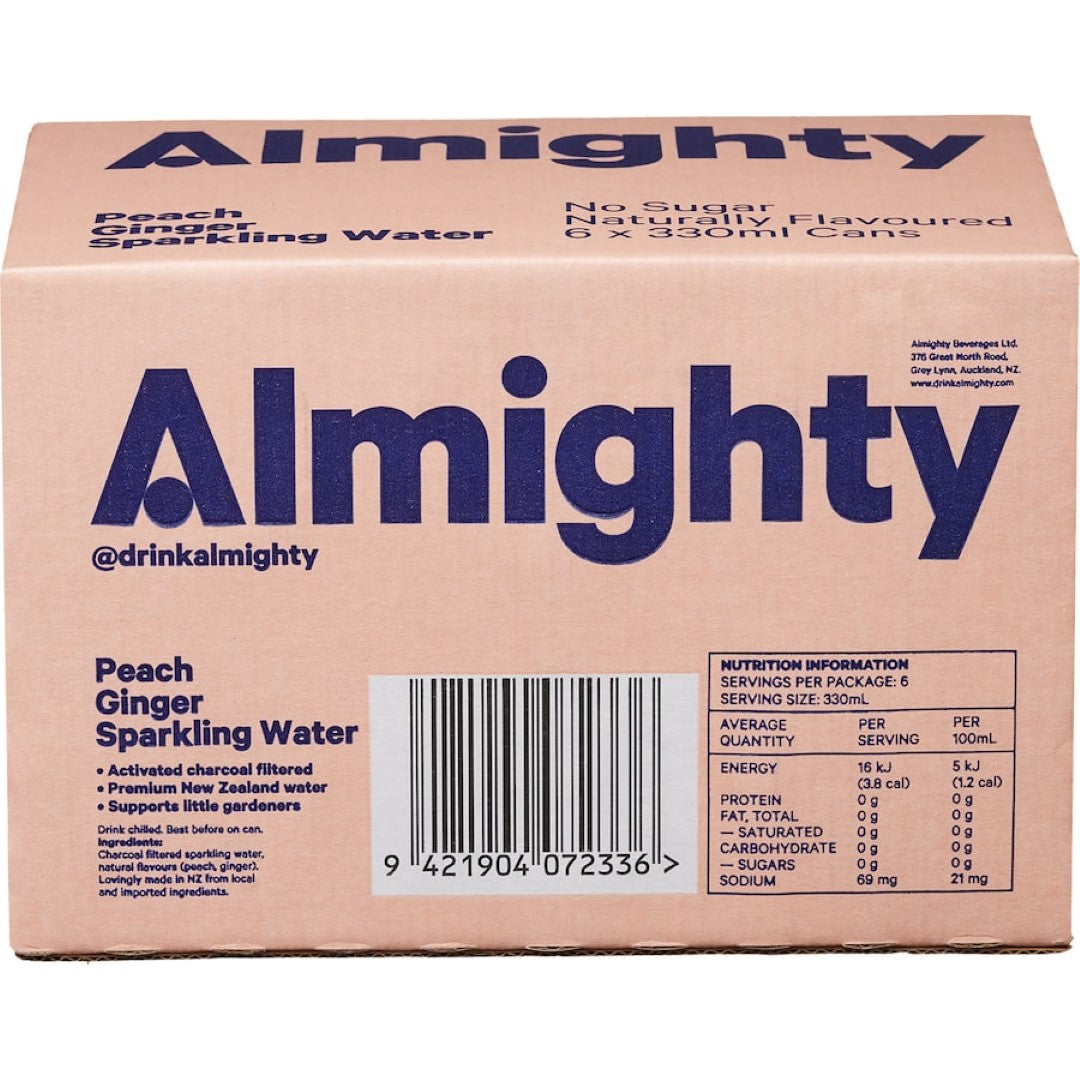 Almighty Sparkling Water Peach Ginger 330ml cans 6pack