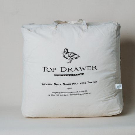 Luxurious Queen Duck & Down Mattress Topper with 1750gsm fill, quilted cotton cover, and secure 45cm fitted skirt.