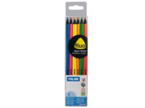 Set of 6 vibrant Milan Colour Fluro pencils in electric shades, perfect for drawing, coloring, and sketching.