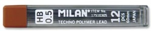Milan 12-piece 0.5mm HB lead refills for smooth writing and drawing, compatible with most mechanical pencils.