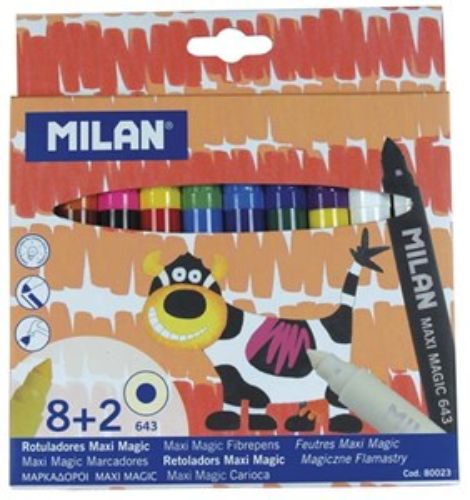 Milan Maxi Magic Fiberpens set with 8 vibrant colors and 2 magic pens that transform hues with a stroke. Perfect for kids' creativity.