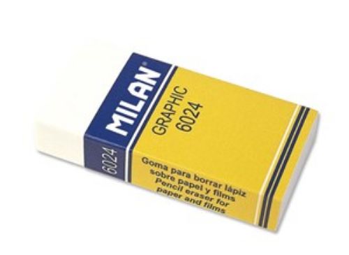 Pack of 24 Milan Eraser 6024, white plastic with graphic prints, ideal for clean, precise erasing in schools and offices.