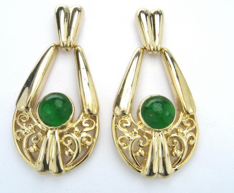 Earrings Rhodium. Gold Green Stone
