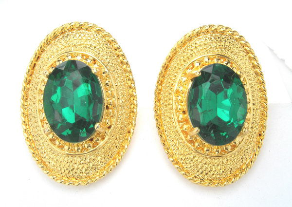 Earrings Gold. Rhodium/C Dark Green Stone
