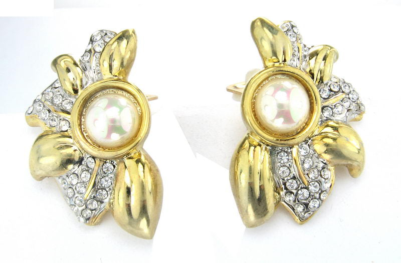 Earrings Gold. Pearl. Rhodium/C Clear Rhodiuminestines