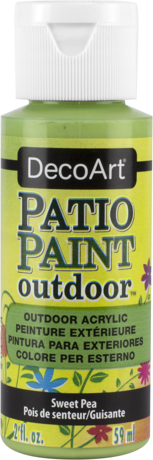 Outdoor acrylic paint in Sweet Pea color for revitalizing patios and furniture with a satin finish.