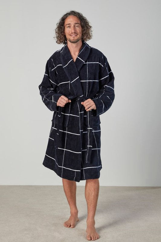 Luxurious navy velour bathrobe with shawl collar, pockets, and waist tie, perfect for comfort and gifting.