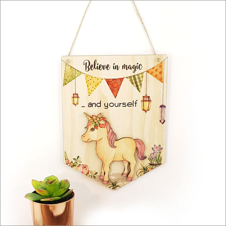 Inspirational wall art featuring 'Believe in Magic and Yourself' printed on eco-friendly pine veneer, ready to hang.