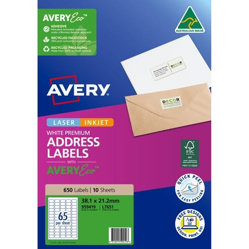 Avery Premium Adressing Labels with AveryEco L7651 65up 10 Sheets
